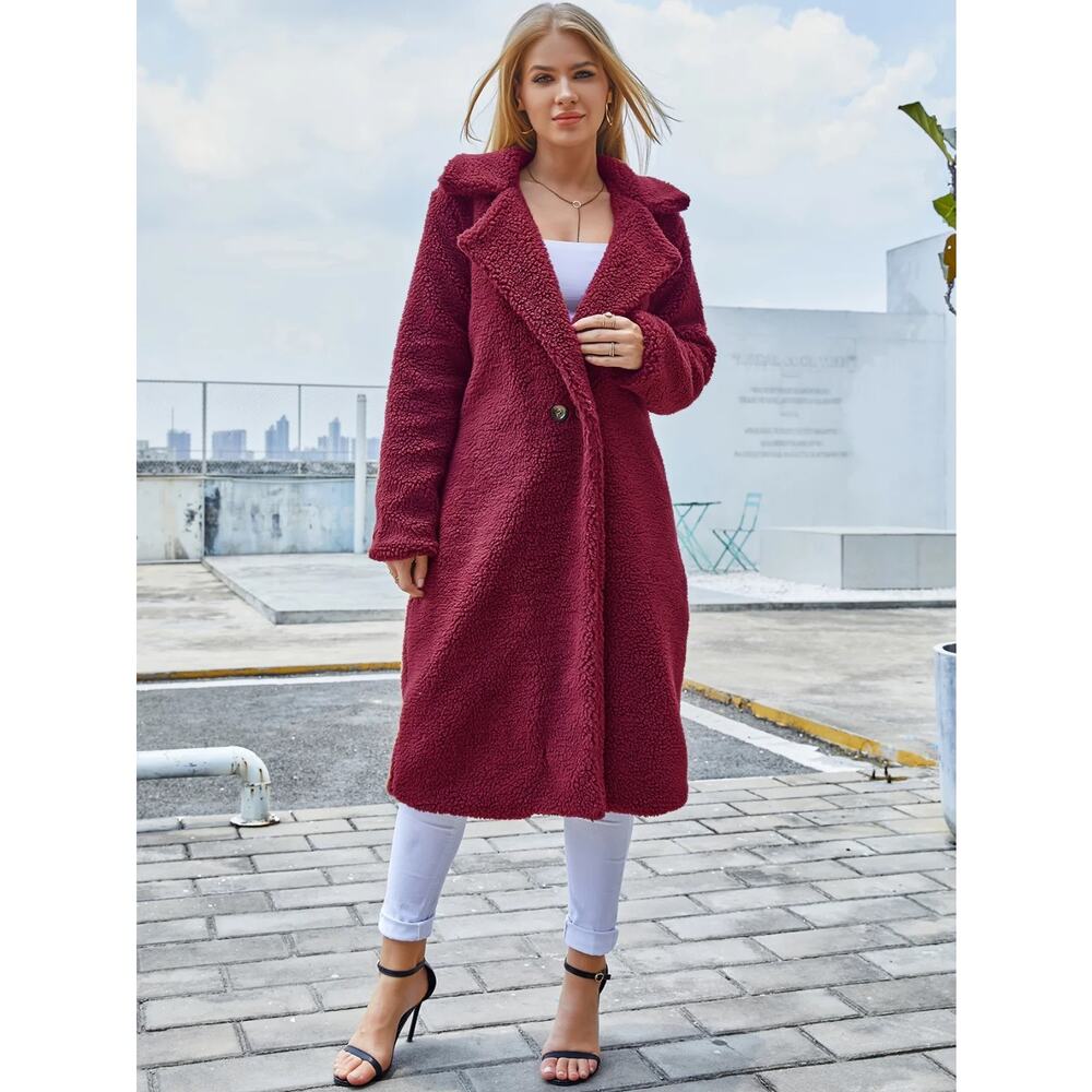 NEW Eilly Bazar Teddy Coat Women's M Burgundy Fuzzy Fleece Button NWOT